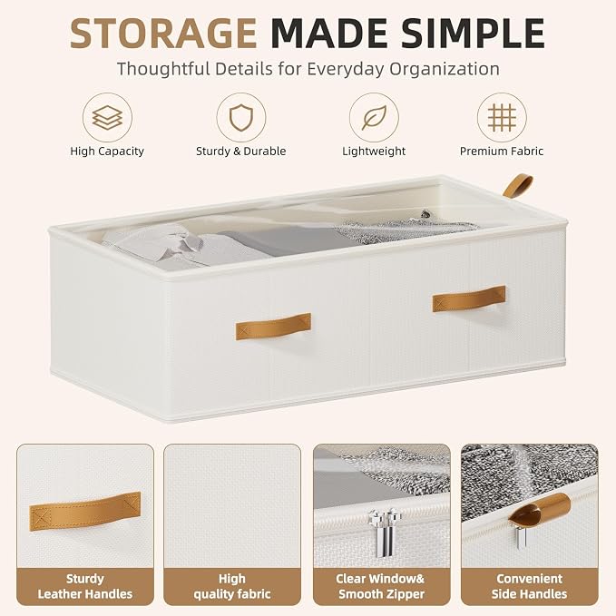 FHSQX 4 Pack Under Bed Storage Bins- 10 Inch Tall Underbed Clothes Storage Containers with Clear Window for Closet, Bed Sheets and Blankets (White, 31.5x15.8x10 inch)