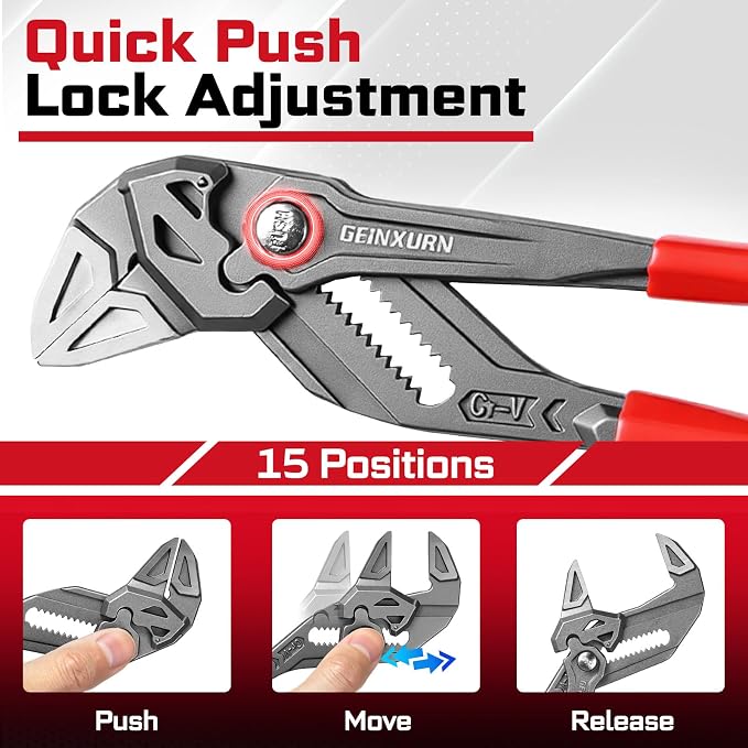 7-Inch Pliers Wrench, 4PCS Smooth V-Jaw Pliers with 15-Position Push-Lock, Fast Adjustable Slip Joint Pliers Set for Plumbing, Home Repair, and Pipe Fittings