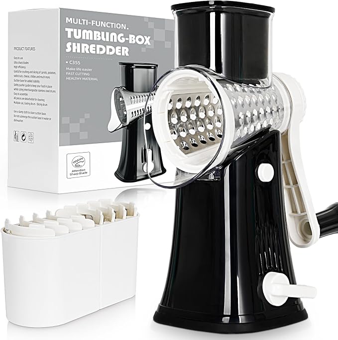 5-in-1 Rotary Cheese Grater Hand Crank, Vegetable Slicer Shredder with 5 Interchangeable Blades, Graters for Kitchen, Safe Kitchen Tool for Cheese, Nuts, Chocolate, Black