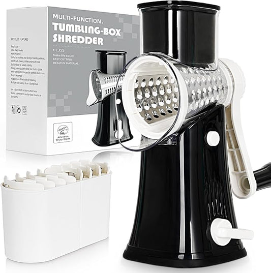 5-in-1 Rotary Cheese Grater Hand Crank, Vegetable Slicer Shredder with 5 Interchangeable Blades, Graters for Kitchen, Safe Kitchen Tool for Cheese, Nuts, Chocolate, Black