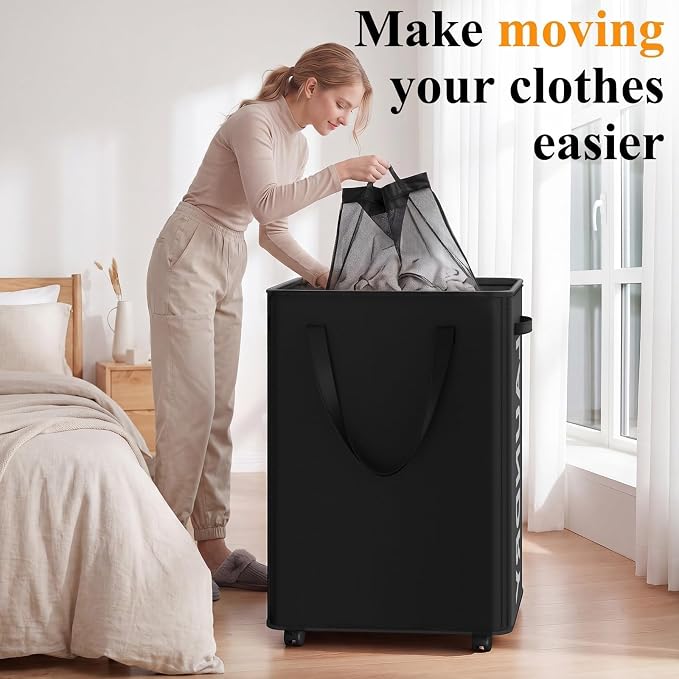 Optish 140L Laundry Hamper with Wheels, Rolling Laundry Basket with Removable Mesh Bag, Extra Large Clothes Hamper for Bedroom, Bathroom, Dorm Room Essentials, Black