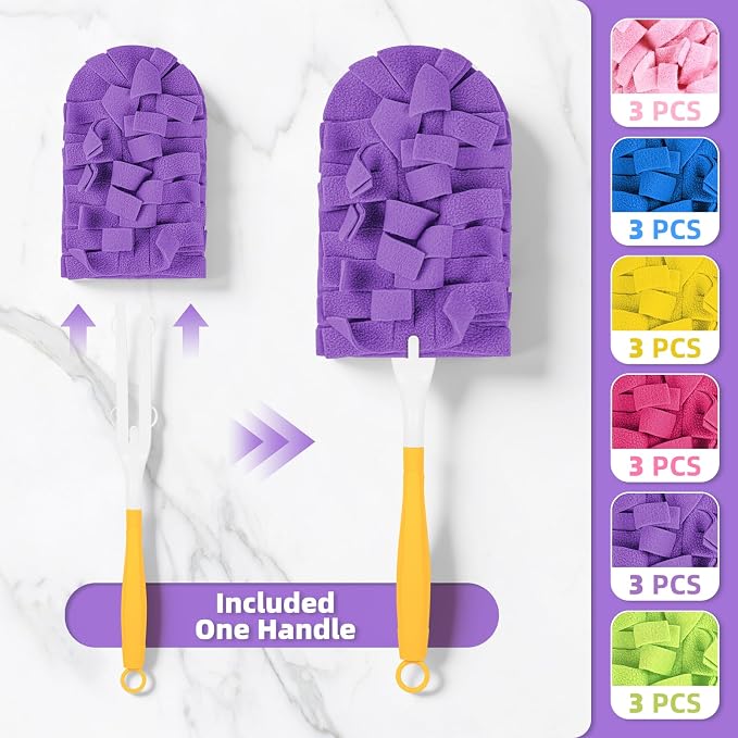 18 PCS Microfiber Reusable Duster Refills for Swiffer Duster | Washable Fleece Pads with 1 Handle, 360° Multi-surface Dusters, Heavy Duty Duster Refills, Wet & Dry Use, Rainbow Colors