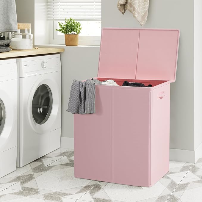 WOWLIVE 154L Double Laundry Hamper 2 Section with Lid and Removable Bags | Divided Laundry Basket, Large Dirty Clothes Hamper with Handle, Collapsible Laundry Storage for Dorm Room, College, Pink