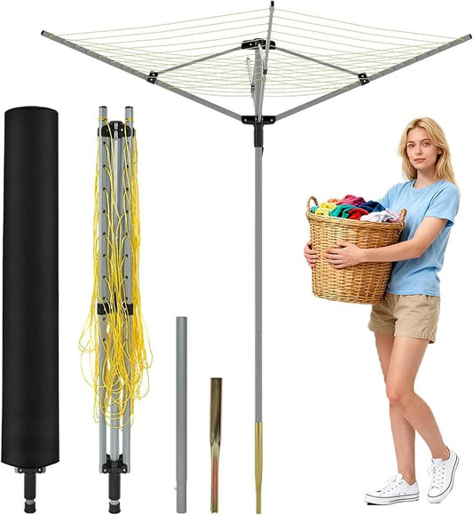 tonchean 165 Feet Clothesline Outdoor Umbrella Drying Rack, 4-arm Rotary Umbrella Clothesline for Laundry Adjustable Height Rotary Dryer Collapsible Clothes Drying Rack with 12-Lines