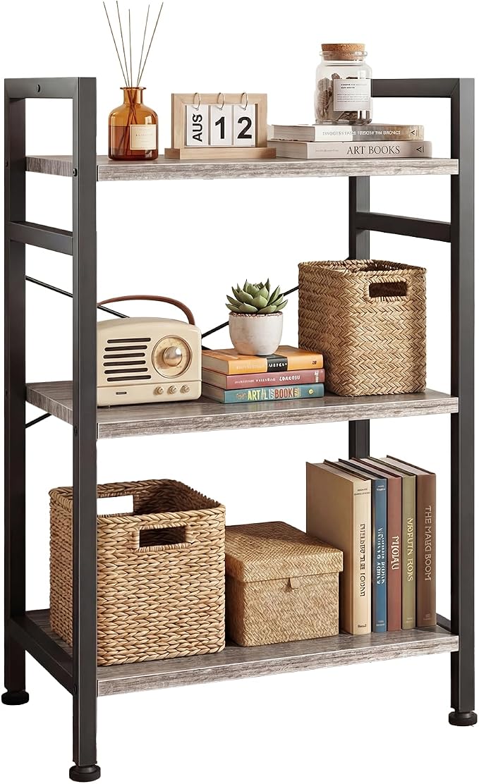 DUMOS 3 Tier Bookshelf, Home Office Bookcase Shelf Storage Organizer | Free Standing Open Display Storage Shelving Unit for Bedroom, Living Room Gray