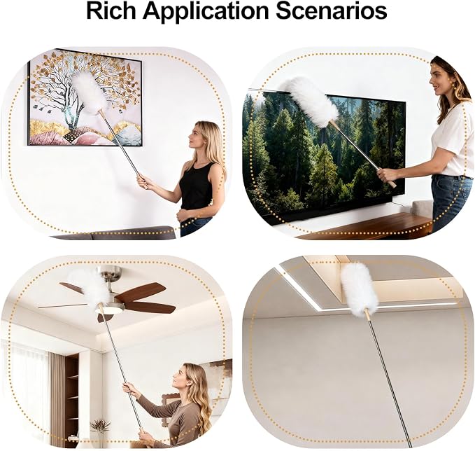 White Lambswool Extendable Duster, 32-98 Inch Bendable Wool Head with Anti-Static Properties and Stainless Steel Extension Pole for Ceiling Fans, High Walls, and Roof Dusting(one Pack)