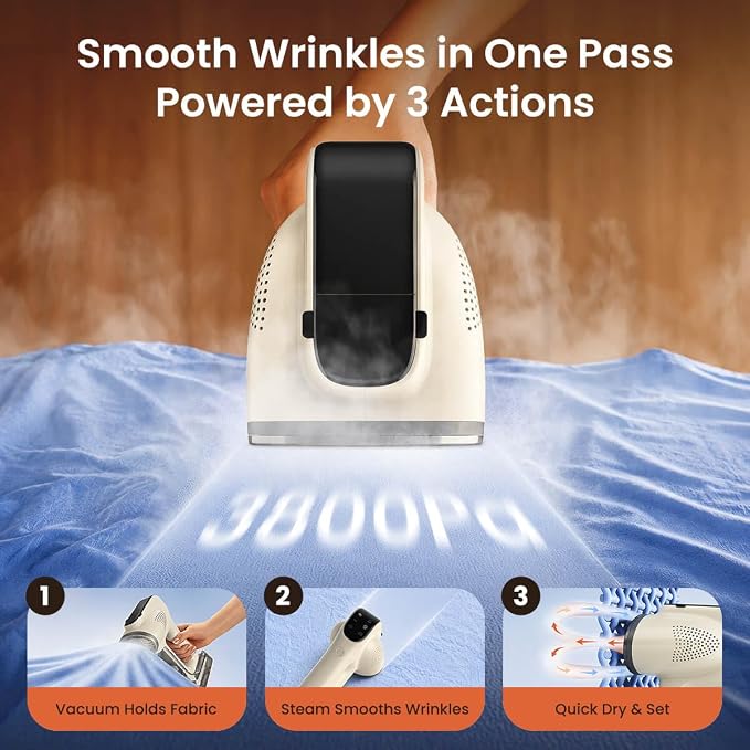 86lux Vacuum Steamer for Clothes, Handheld Travel Garment Steamer, Beige | 340ml Large Water Tank,3800Pa Suction, Fast Heat-Up 2-in-1 Steam Iron Wrinkle Remover for Travel, Shirts & Delicates