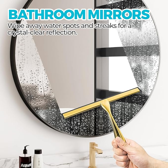 ALFLOD 12" Shower Squeegee for Glass Doors, Tile Walls, Car Windows, Gold | Bathroom accessories, new home essentials, silicone blade, metal handle, adhesive hook, household tool, multipurpose cleaner