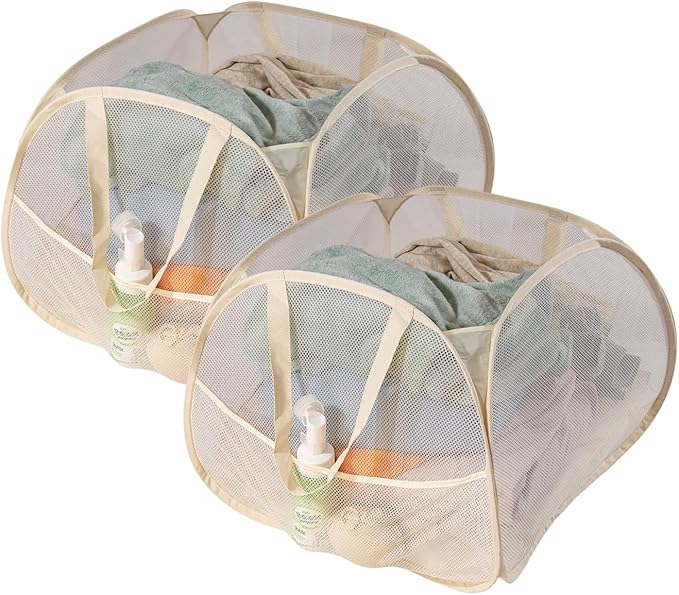Collapsible Laundry Basket 90L, Mesh Pop-up Hamper, Beige 2PCS | Foldable Laundry Basket, Side Storage Pocket, Handles, Dirty Clothes Hamper for Bedroom, Bathroom, Dorm, Travel, Camping
