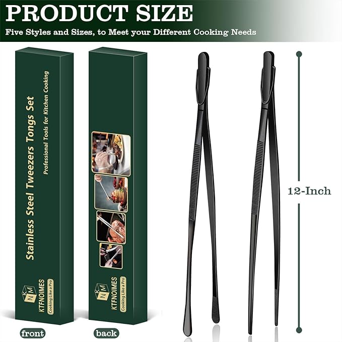 2 Pcs 12-Inch Cooking Tweezers Fine Tweezer Tongs, Extra-Long Stainless Steel Kitchen Tweezers, for Grilling, Serving, and Food Preparation,Black