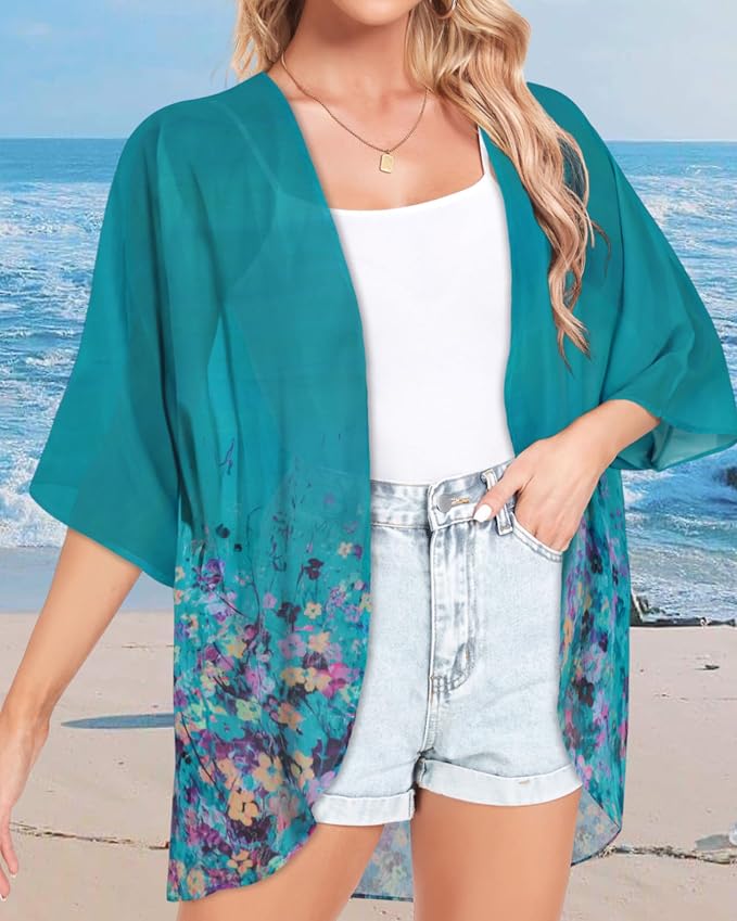 Women Kimono Cardigans Summer Cover Up Hawaiian Shirts Floral Print Tops | ROSEMIA chiffon kimono open front cardigans, beach cover ups, daily casual tops, cruise outfits, summer resort wear