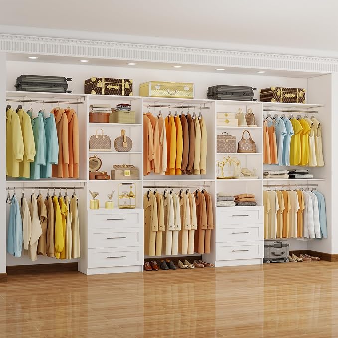 Closet System with 6 Drawers, 6-13FT Closet Organizer System Wood with 8 Shelves & 6 Expandable Hanging Rods, Closet Systems Kit for Walk in Closets, Modular Closet Organizer Systems, 2 Sets,White
