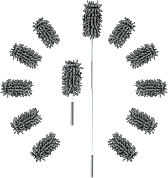 ZZ LAZYCOTTAGE 12 Pack High Duster with Extension Pole, Reusable & Washable Feather Duster, Microfiber Dusters for Cleaning for Ceiling Fan, Sofas, Ceiling, Car, Cabinet, Furniture, Blind(Gray)
