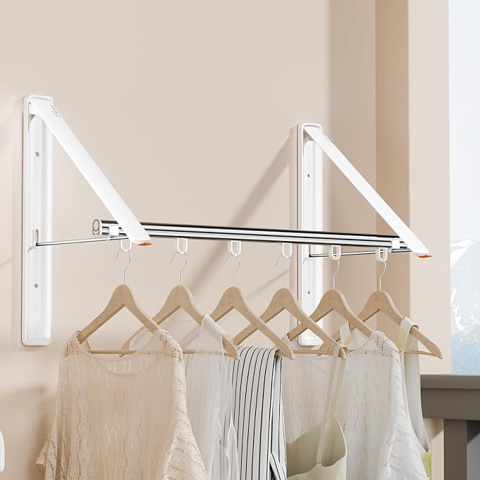 Folding Clothes Hanger Rack Wall mounted for Laundry Clothes Drying Rack | Foldable Hanger Rack Laundry Hanger Dryer Rack, Easy to Install, Closet Storage Organization, Space Saving White, 2 pcs &1Rod