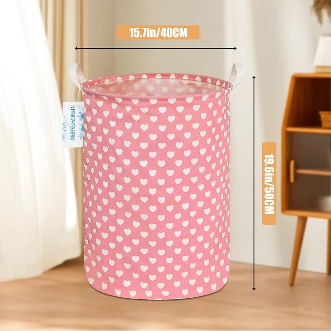 Round Laundry Basket Collapsible Storage Hamper Organizer Pink Heart | Waterproof Canvas Foldable Baskets with sturdy Handles Multi-scene Organizer for Home Play Bedroom Gift Bin