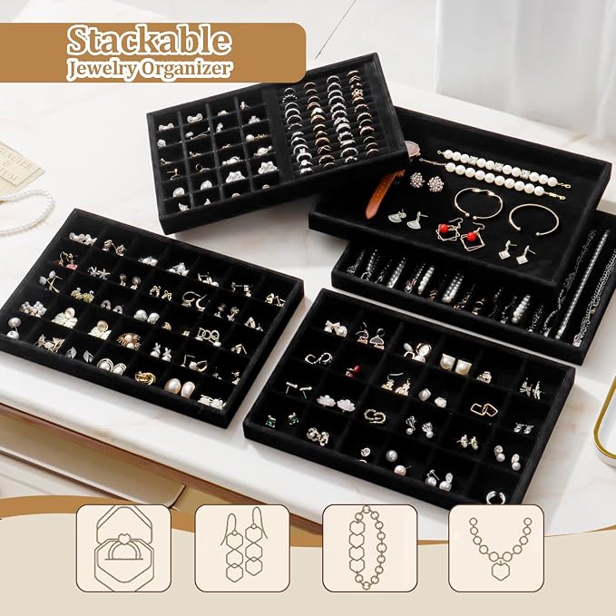 Large Velvet Jewelry Tray 2 Pack Stackable Jewelry Display Drawer Inserts Trays Organizer for Earring Bracelet Necklace Ring (Black, 24 Grids)