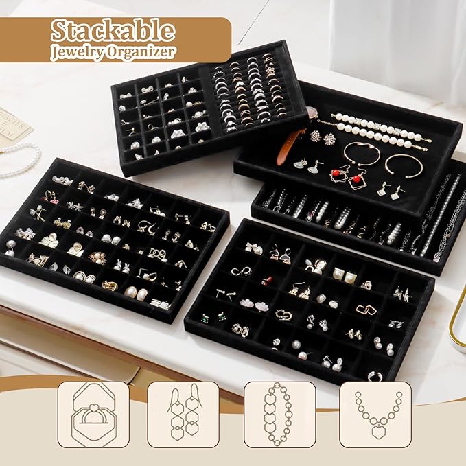 Large Velvet Jewelry Tray 2 Pack Stackable Jewelry Display Drawer Inserts Trays Organizer for Earring Bracelet Necklace Ring (Black, 1 Grid)