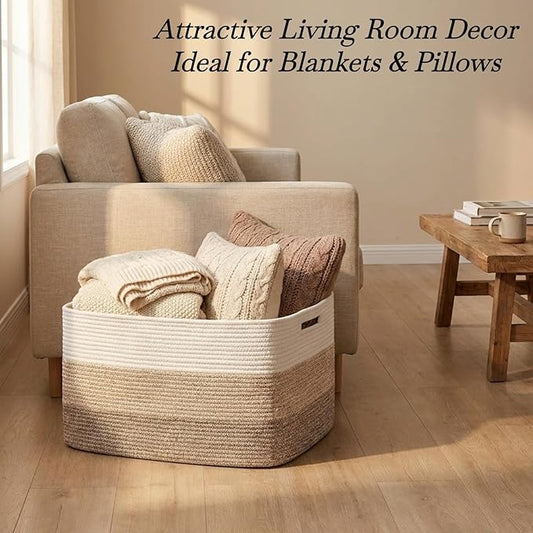 Optish 95L Blanket Basket, Large Woven Baskets for Storage, Blanket Storage for Living Room, Rope Basket with Handles for Bedroom, Nursery, Toys, Clothes, 24” x 17” x 13.5”, White & Brown