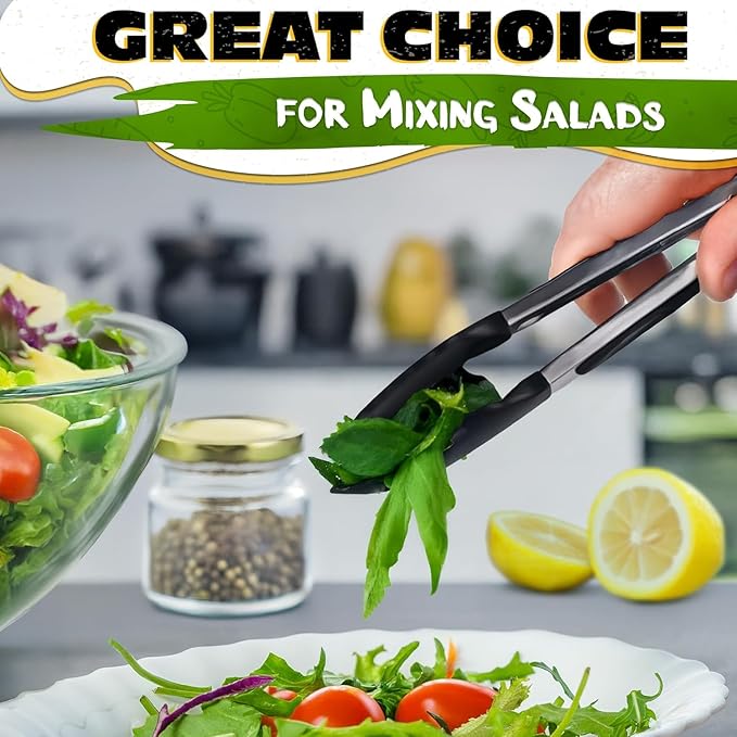 Kitchen Tongs Set of 3-7/9/12" Silicone Tipped Tongs for Cooking with Stainless Steel Build for Heat Resistant Handling, Non Stick & Easy-Lock Storage – Versatile Set for Meat Flipping & Salad Prep