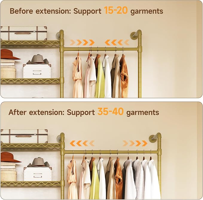 H6 Wall Mounted Closet System, Industrial Pipe Clothes Rack Clothing Racks with 6 Telescopic Rods & 3 Fixing Rods & 9 Shelves, Heavy Duty Closet Organizers and Storage in Wardrobe Closet (Gold)