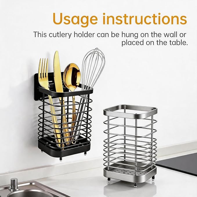 Stainless Steel Utensil Holder & Drying Rack for Kitchen Sink, Wall Mountable and Tabletop Cutlery Drainer Caddy for Spoons, Forks, Chopsticks (silver)
