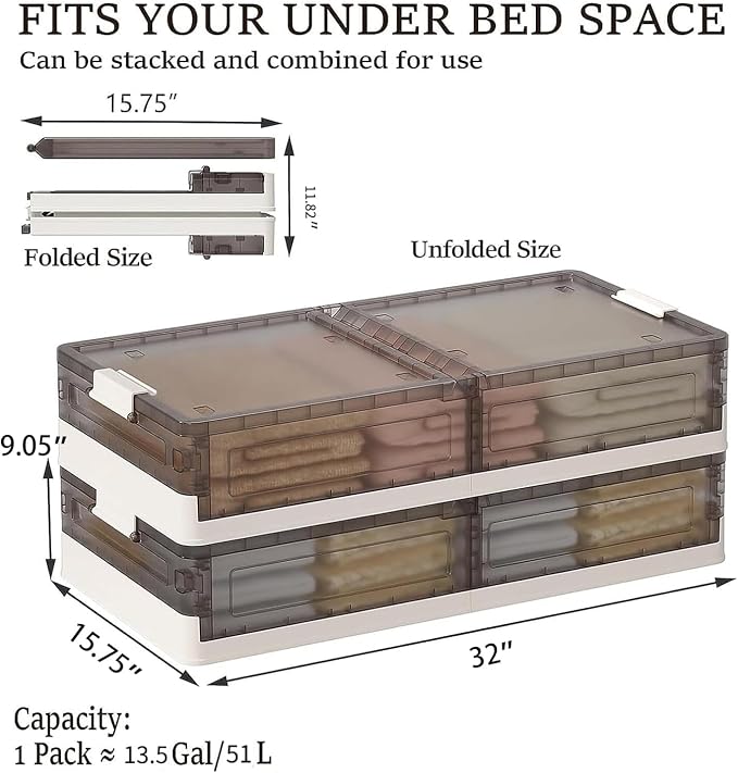Under Bed Storage Containers - 3Pack, Stackable Under Bed Rolling Storage Plastic Containers, 13.5Gal Storage Bins with Wheels, Multi-purpose Storage Bins with Lids for Clothes, Shoes, And Duvets