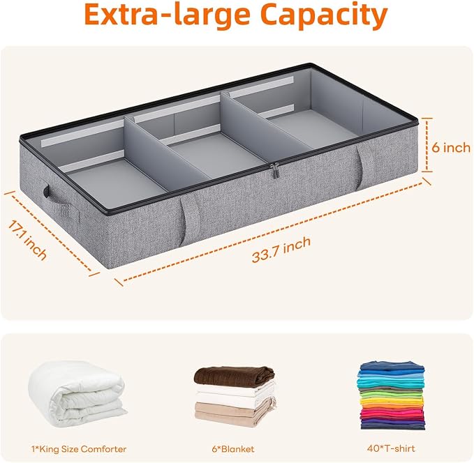 Vailando Storage Containers, 6 Inches Tall 60L Underbed Storage Bins Sturdy Handles & Reinforced Sidewalls, Closet Organizer for Clothes, Blankets, Seasonal Items, Linen Gray, 2-Pack