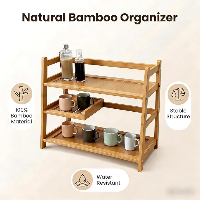 3 Tier Bamboo Matcha Station, coffee station organizer Shelf | for Kitchen Countertop, Tea Bar - Matcha Powder, Tools & Cup Organizer for Matcha Lovers, Home Baristas.