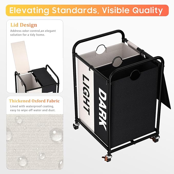 120L Laundry Sorter 2 Section, Rolling Laundry Basket with Wheels ＆ Lid | 31.7 Gal Laundry Hamper, 2 Separated Removable Bags, Dirty Clothes Hamper for Laundry Room, Bedroom, Multicolored