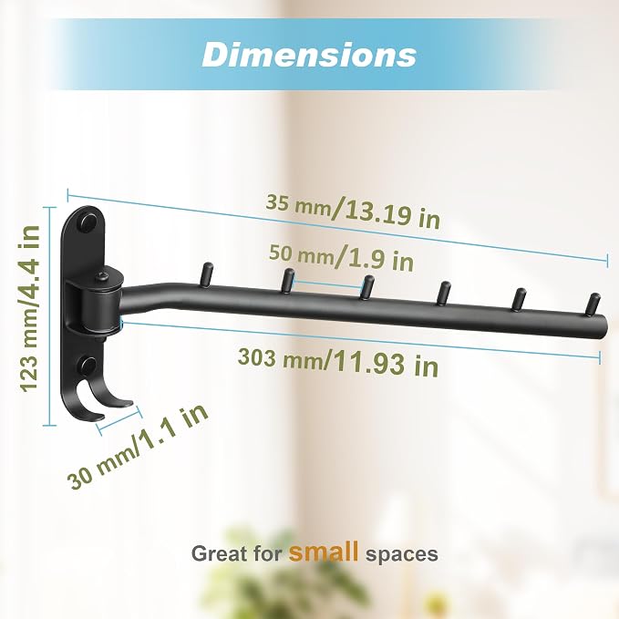 Alise Wall Mounted Drying Rack with Hook,Swivel Clothes Hanger,Black,1 Pcs | Space Saving Wall Rack for Clothes,Heavty Duty Stainless Steel Clothes Wall Drying Rack for Laundry Closet Bedroom/Bathroom