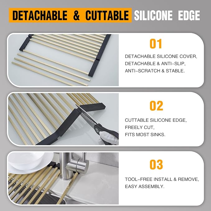 Foldable Over Sink Dish Drying Rack, 304 Stainless Steel Kitchen Drain Rack for Tableware, Detachable Silicone Edge, Rectangular Tubing (Brushed Gold, 3 Fold 19.7" x 11.42")