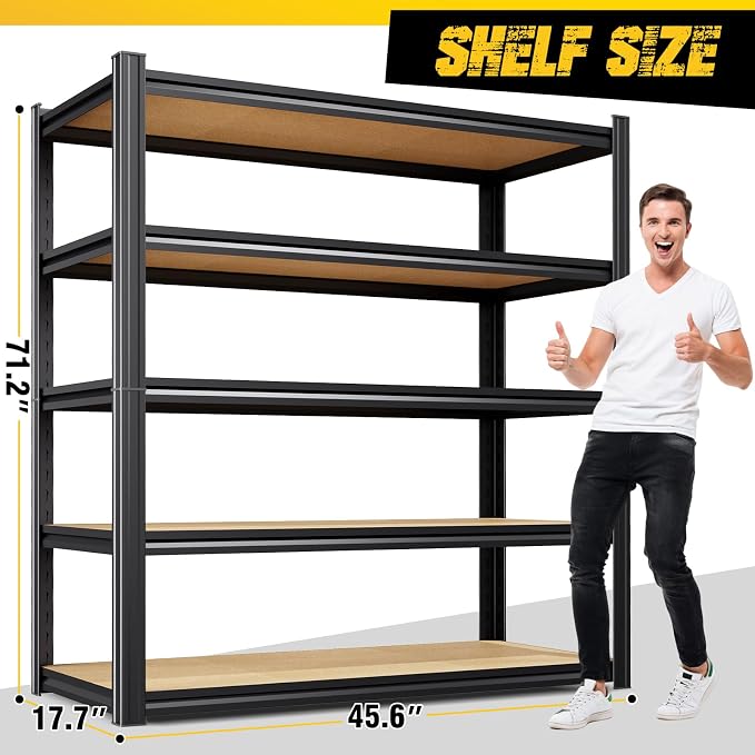 2-Pack Heavy Duty Garage Shelving for Garage, Warehouse & Workshop Organization, 71" H x 45.6" W x 17.7" D 5-Tier Adjustable Metal Storage Rack for Tools, Storage Bins & Bulk Items