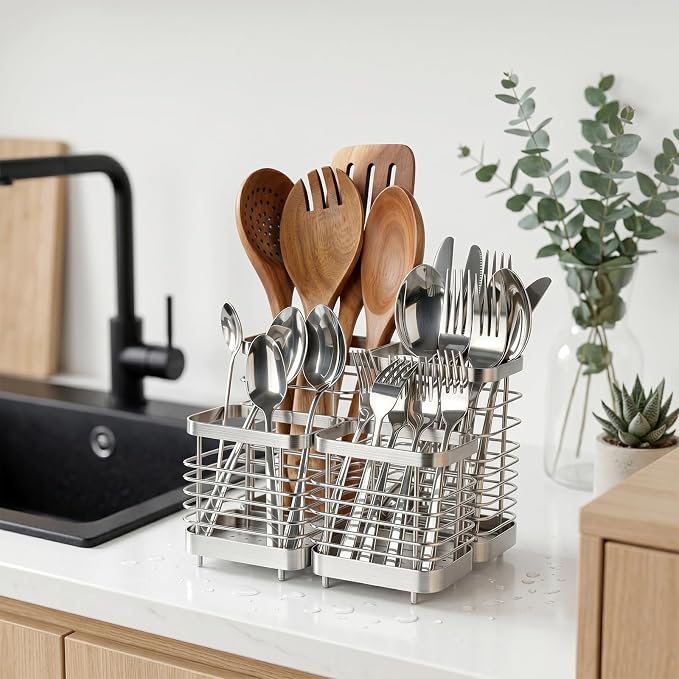 Utensil Holder, Stainless Steel Utensil Drying Rack for Kitchen Counter, Silverware Cutlery Flatware Holder Forks, Knives, Spoons, Chopsticks Organizer (2 Large + 2 Small)