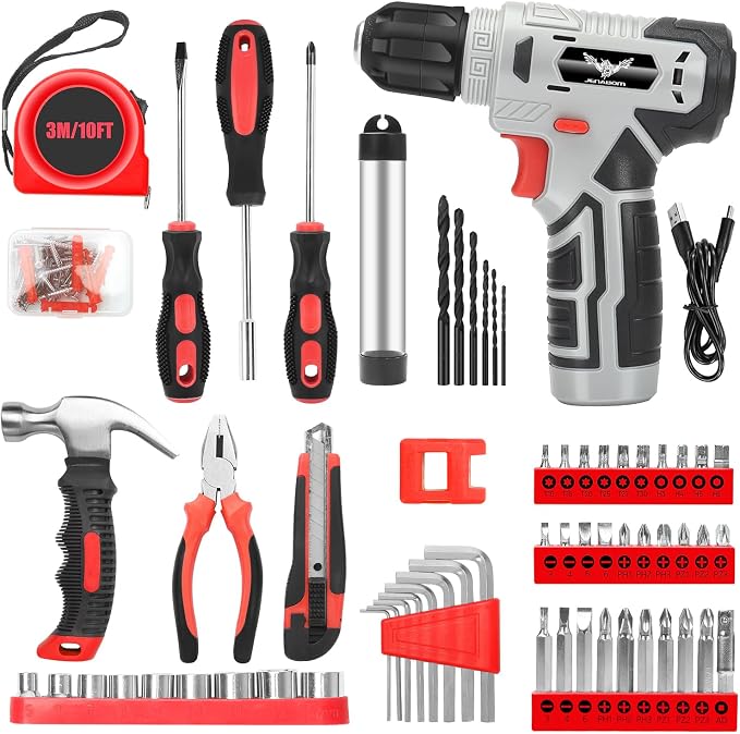 JENABOM Tool Set, 146-Piece Home Tool Kit with 8V Cordless Drill | Portable Tool Set with Storage Case, Hand Tools Kit for Apartment, Office & Daily DIY Repairs, for Men & Women