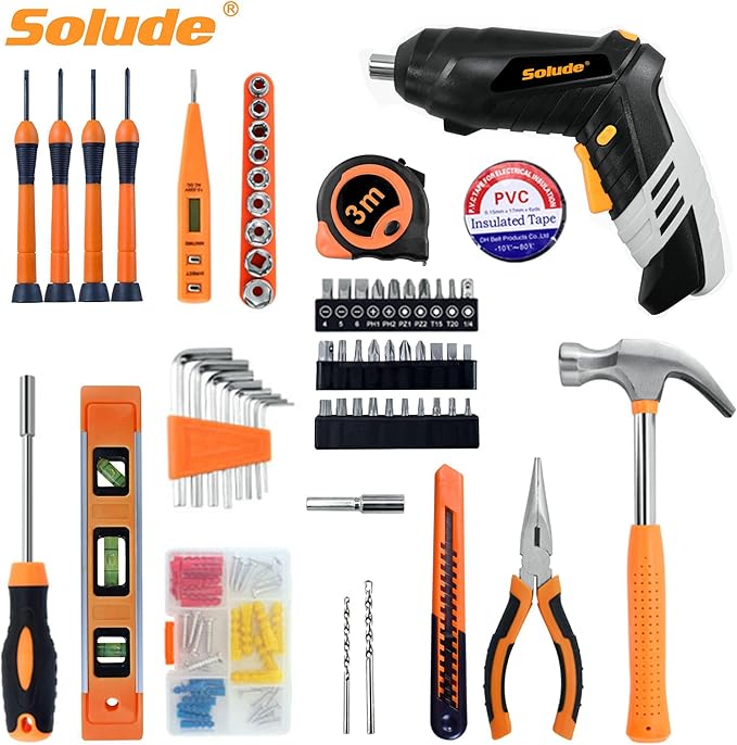 SOLUDE 130-Piece Home Tool Kit with 3.6V Cordless Rechargeable Screwdriver,Basic Household Tool Set for New Home,Apartment,College Dorm and DIY Projects(Grey)