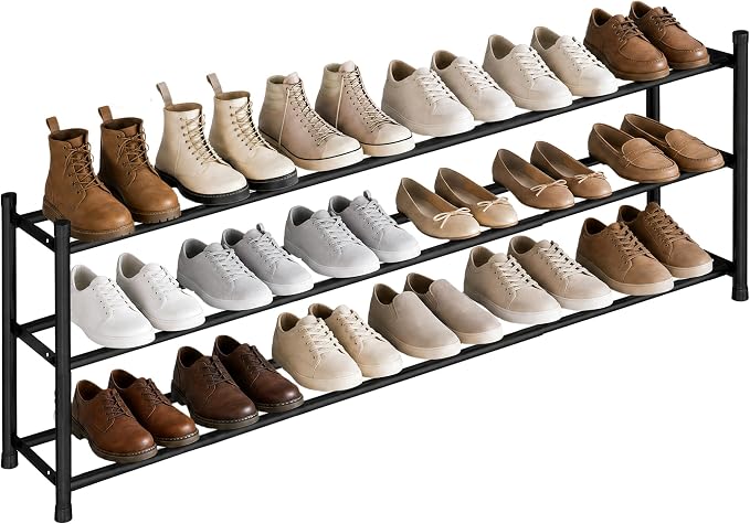 STORAGE MANIAC Long Expandable Shoe Rack, 18 Pairs Metal Wide Stackable Shoe Rack, Adjustable Shoes Shelf, Freestanding Shoes Organizer for Closet, Entryway, Hallway, Garage, Front Door, 3 Tiers
