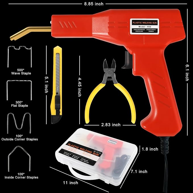 ATOLS Upgraded Plastic Welder, 1000PCS Staples, Pure Copper Transformer, Rapid Heating, Plastic Welding Kit, Hot Stapler Kit, Plastic Welder Gun Kit, Car Bumper Repair Kit, Plastic Repair Kit(Red)