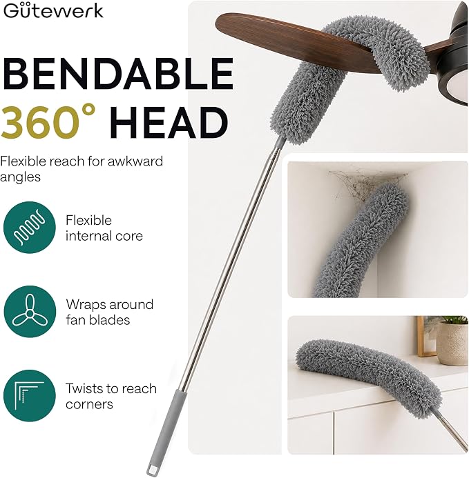 GÜTEWERK Extendable Microfiber Duster, 100 Inch - Feather Dusters for Cleaning Ceiling Fans, Blinds, Baseboards & High Ceilings - Washable, Electrostatic, 360° Bendable Head, Stainless Steel Pole