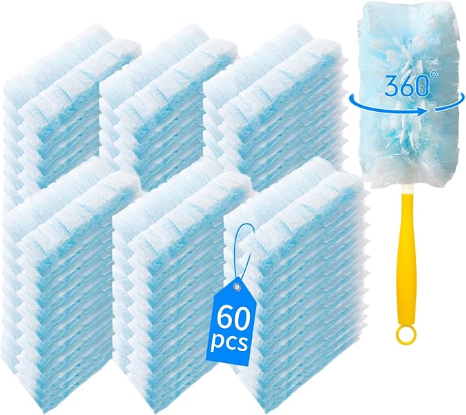 60 Count 360° Heavy Duty Duster Refills Compatible with Swiffer, Large Size-Extra Thick Disposable Electrostatic Duster Refill with 1 Short Handle for Furniture, Blinds, Ceiling Fans