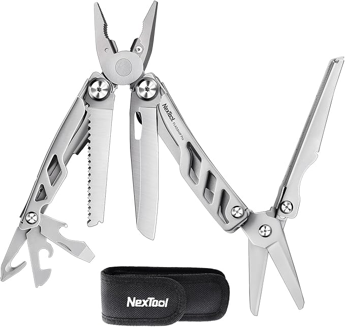 NexTool Flagship Pro Multitool Pliers with Full-size Scissors (Silver) | 16-in-1 Multi-tool, Safety Locking, Replaceable YG8 wire cutters, Tool for Camping, Survival, Fishing, Repair, Gifts for Men