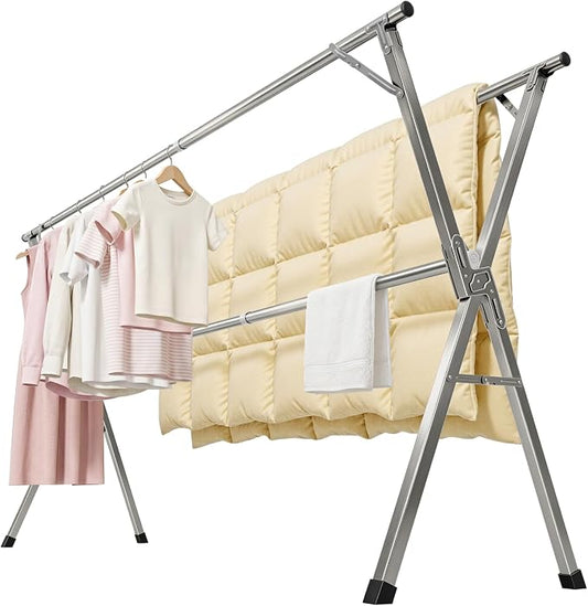 Spreezy 94 Inch Clothes Drying Rack, Stainless Steel, Indoor/Outdoor | Adjustable Length Holds 44 bs. Zero Assembly. Foldable Laundry Drying Rack. Portable, Space-Saving, with Windproof Hooks