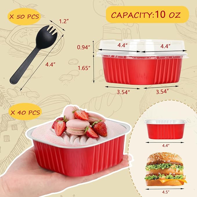 LNYZQUS Mini Cake Pans with Lids and Spoons,10oz Disposable Small Foil Baking Tins,40 Pack Individual Cake Containers for Home Bakers Bake Sales-Red,4x4 Square