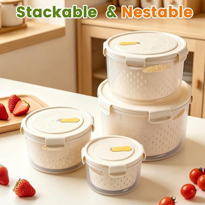 TBMax 8 Pieces Airtight Fruit Storage Containers for Fridge with Air Circulation Vent, 4 Pack Round Produce Saver with Colander for Berry Lettuce Salad Vegetable Storage, Refrigerator Organizers
