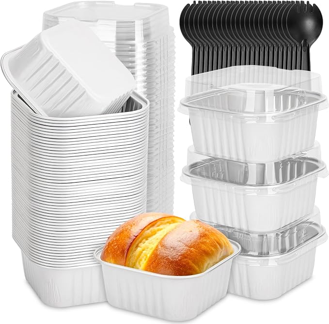 selizo 60 Pack 5oz Mini Square Disposable Cake Pans with Lids, Aluminum Foil Baking Cups, Individual Cake Containers with Lids for Parties and Gatherings