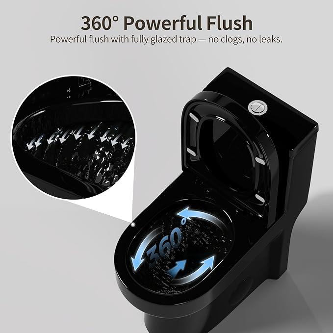 DeerValley Compact One Piece Toilet With Soft Closing Seat in High Gloss Black Finish Featuring 12 Inch Rough-In Modern Style for Contemporary Bathrooms