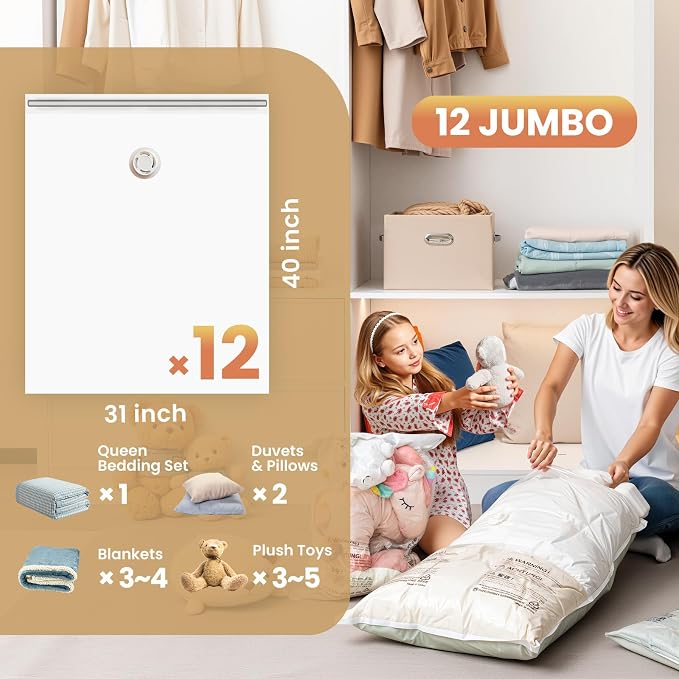 TAILI 12 Pack Vacuum Storage Bags, Jumbo Size (31×40 inch), Vacuum Seal Bag for Clothing, Bulky Bedding, Comforter, Blankets, Pillows, Space Saver Packing