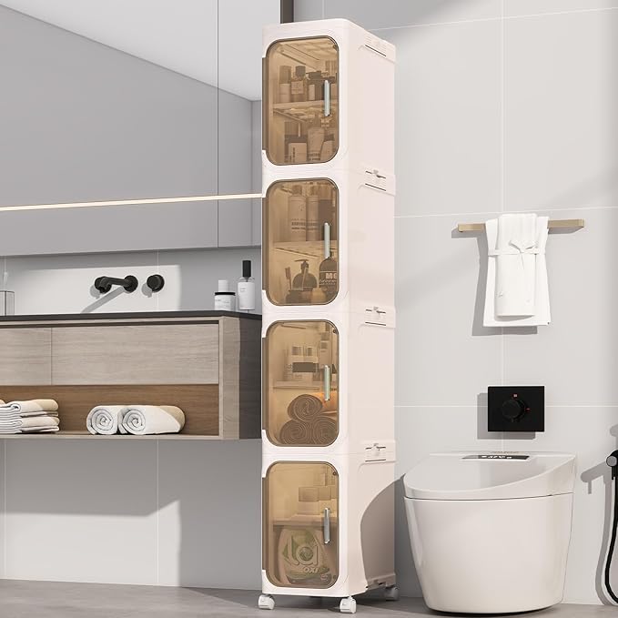 4 Tier Slim Bathroom Storage Cabinet, Foldable and Movable, Beige | Tools Free, ABS and PET, Magnetic Clear Door, Adjustable Shelves, Lockable Wheels, Water Resistant, For Narrow Space