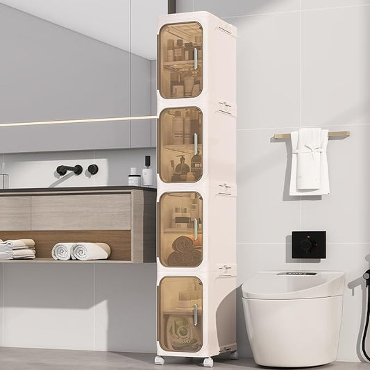 4 Tier Slim Bathroom Storage Cabinet, Foldable and Movable, Beige | Tools Free, ABS and PET, Magnetic Clear Door, Adjustable Shelves, Lockable Wheels, Water Resistant, For Narrow Space