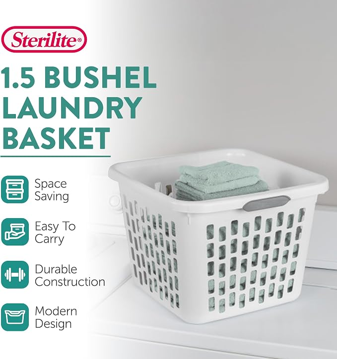 Sterilite Square Laundry Basket, Plastic Clothes Hamper, 24 Pack | 1.5 Bushel Capacity, White, Large Bin with Comfort Grip Handles and Reinforced Rim