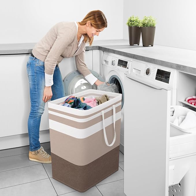 StorageRight Laundry Basket Hamper, 100L Collapsible Clothes Storage, Khaki | Freestanding Clothes Hampers, Foldable design, with Easy Carry Handles, For Laundry, Bedroom, Dorm, Clothing, Towels, Toys